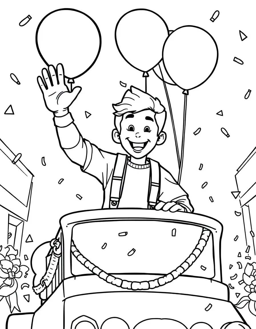 Tom Holland waving from a parade float with balloons and confetti – a fun and kid-friendly coloring page.