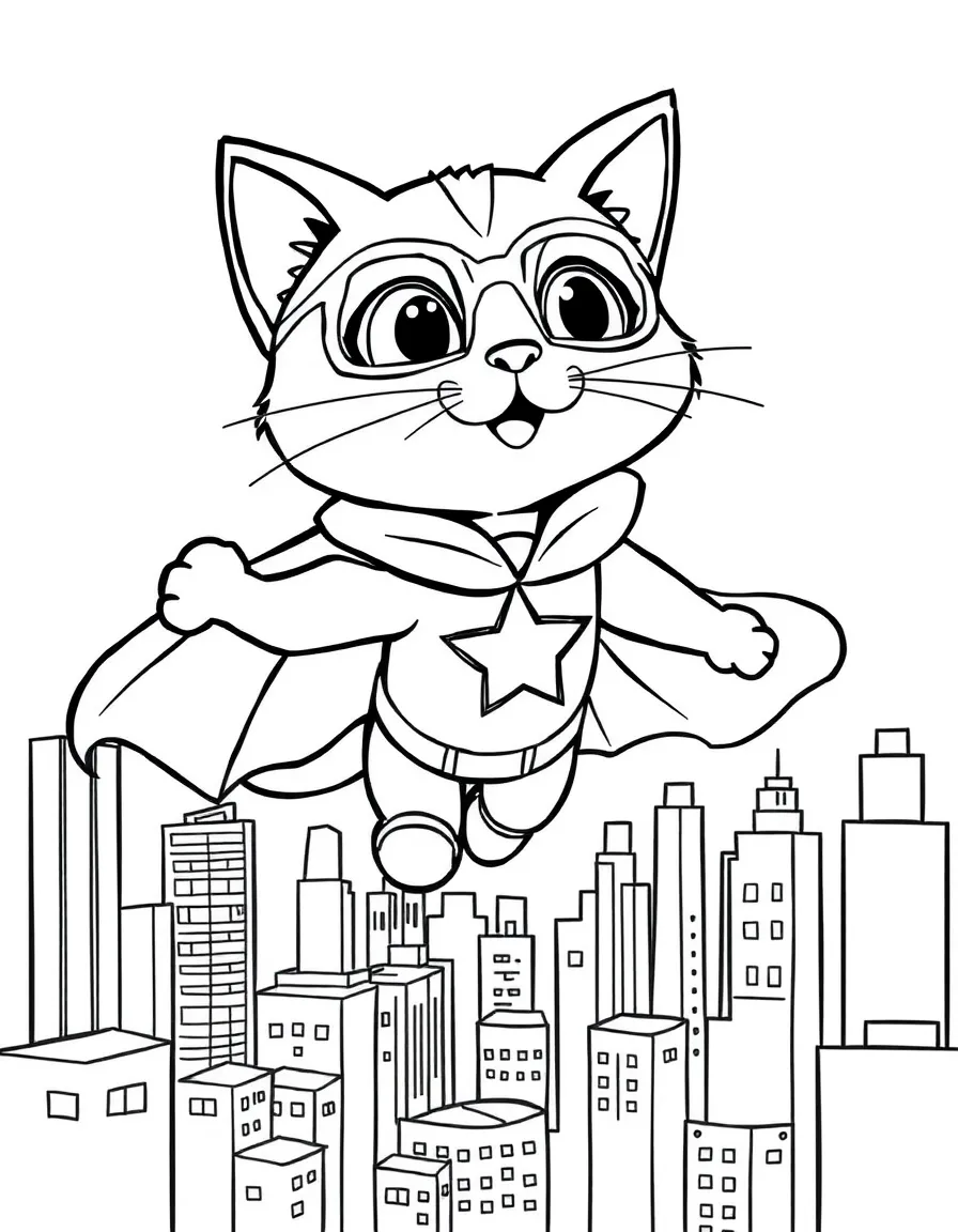 Doja Cat wearing a superhero cape and flying over a cityscape – a fun and kid-friendly coloring page.