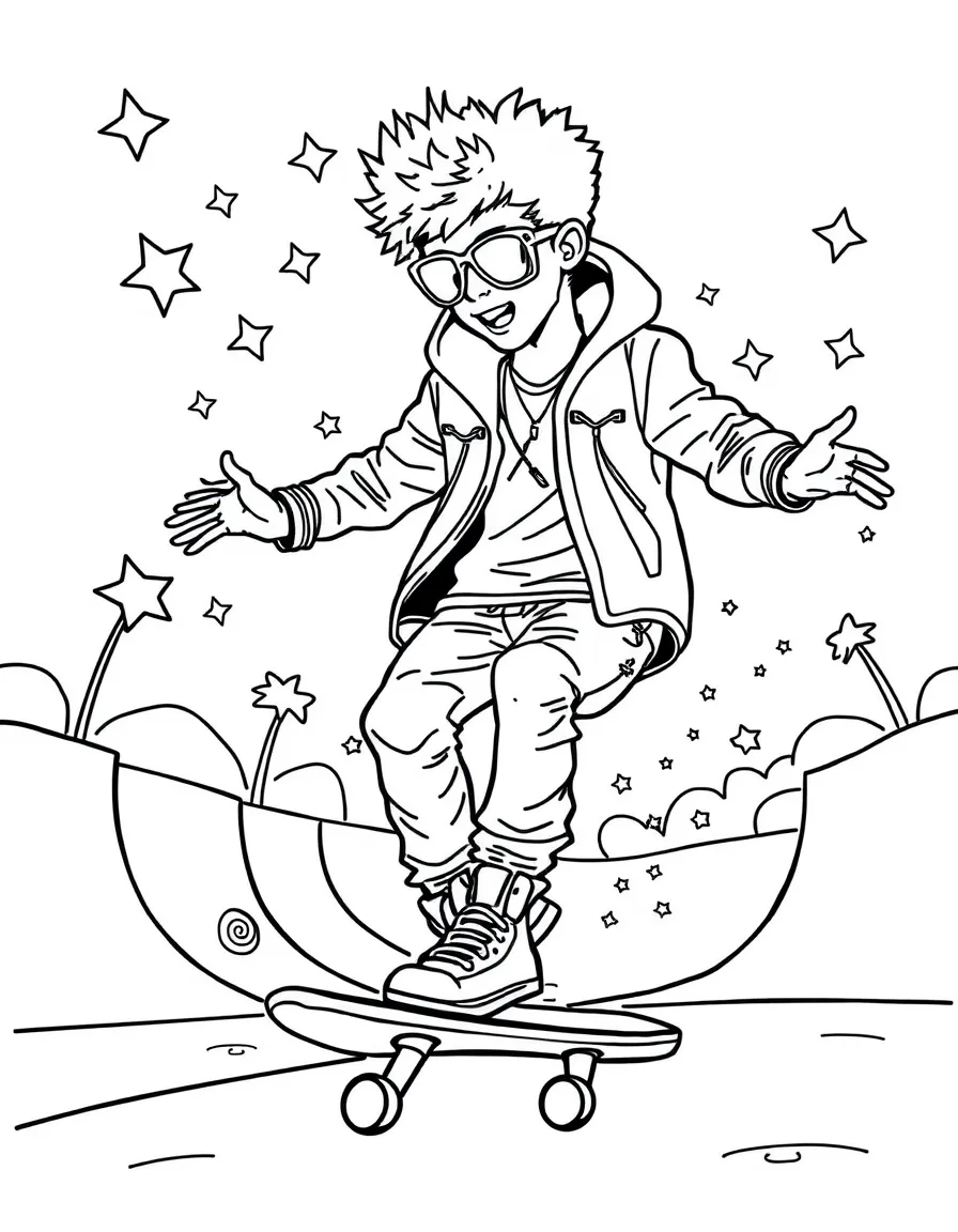 Bruno Mars skateboarding at a skate park with stars and swirls around – a fun and kid-friendly coloring page.