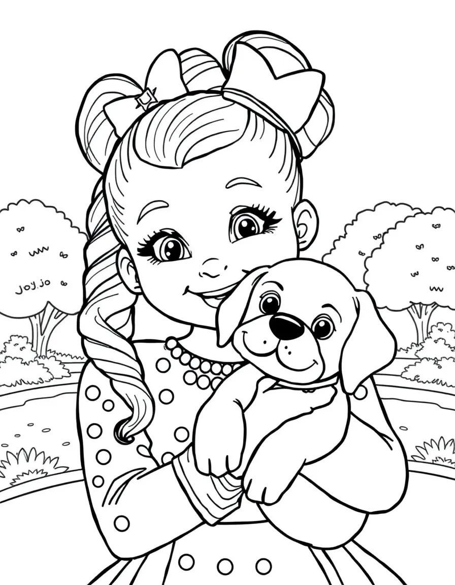 JoJo Siwa smiling and holding a puppy with a park background – a fun and kid-friendly coloring page.
