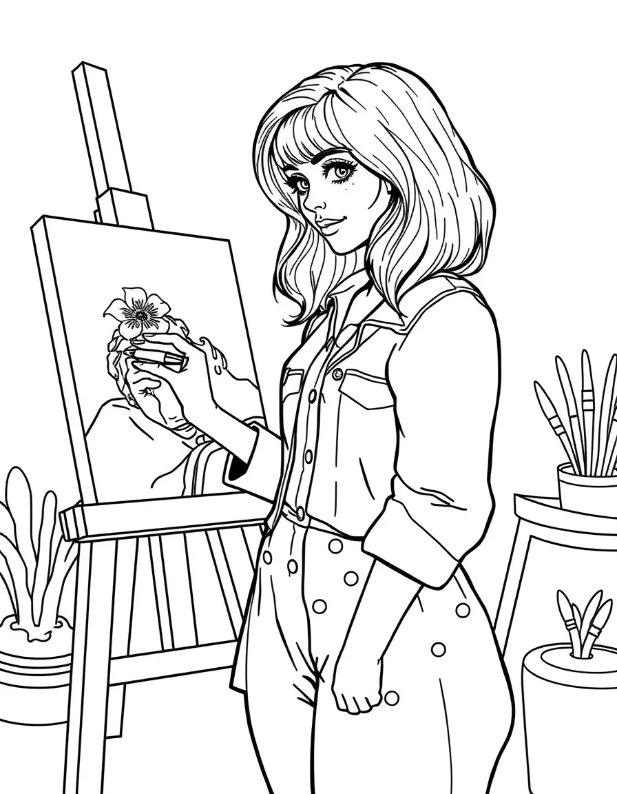 Emma Stone painting a picture at an art studio – a fun and kid-friendly coloring page.