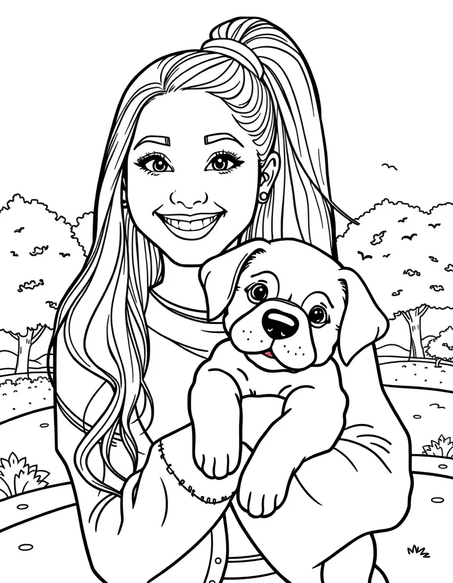 Ariana Grande smiling and holding a puppy with a park background – a fun and kid-friendly coloring page.