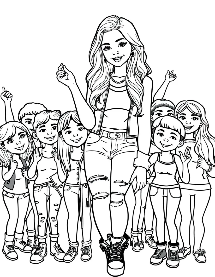 Selena Gomez posing with cartoon versions of their fans – a fun and kid-friendly coloring page.
