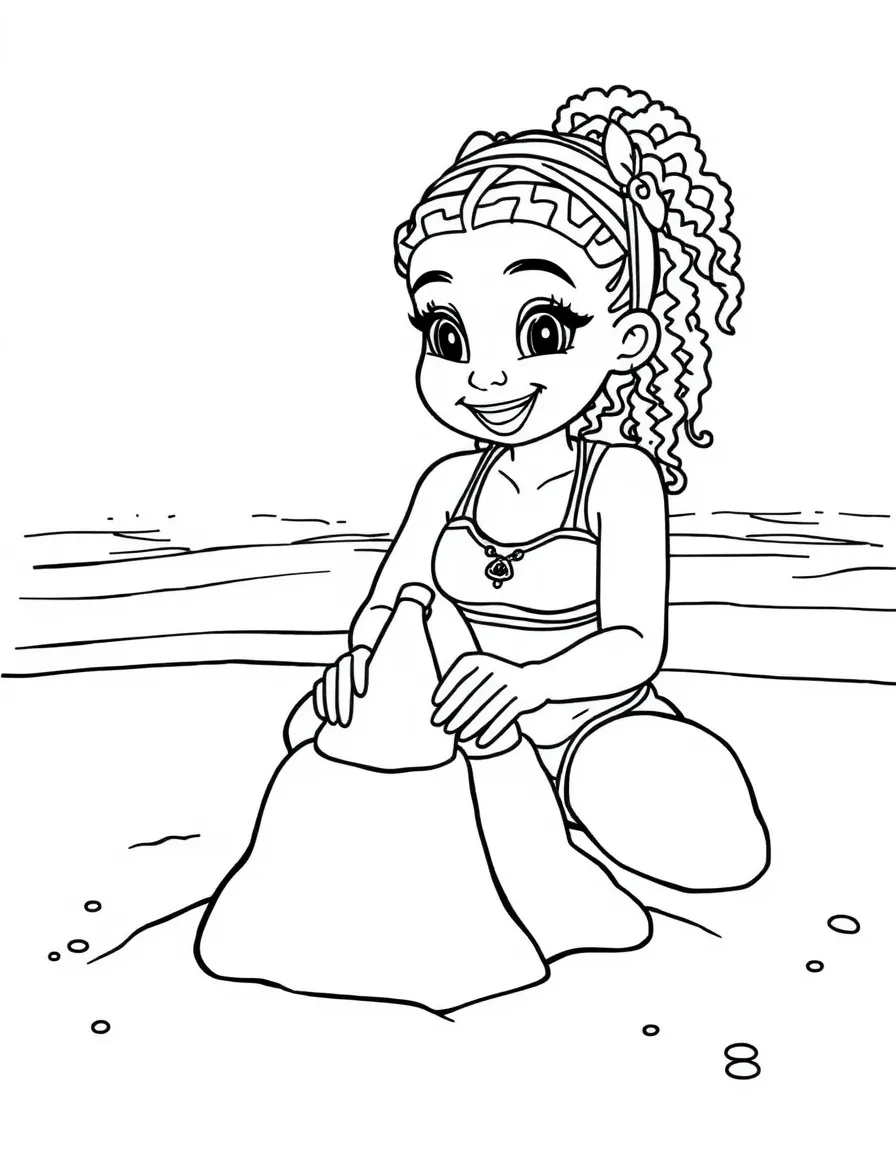 Simone Biles building a sandcastle at the beach – a fun and kid-friendly coloring page.