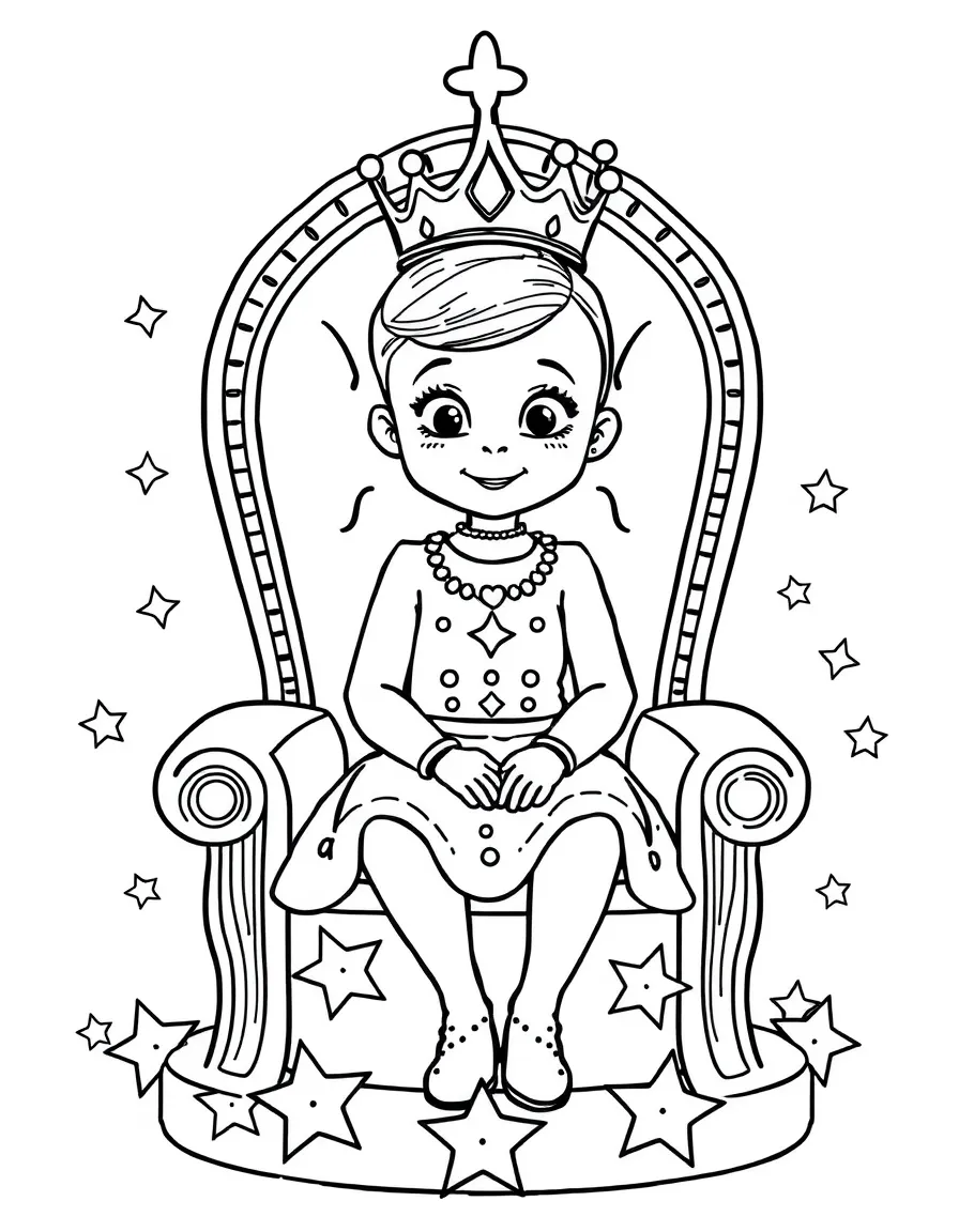 Millie Bobby Brown sitting on a throne made of stars with a crown – a fun and kid-friendly coloring page.