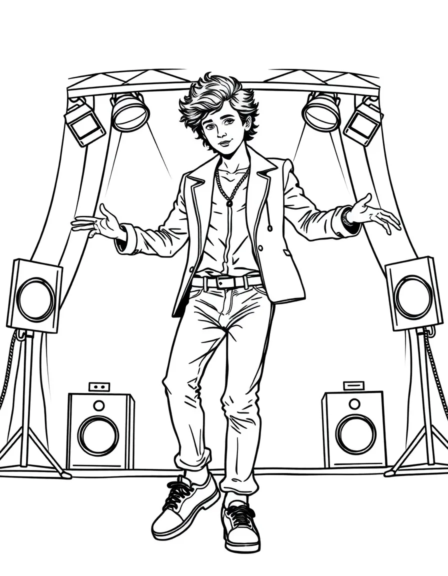 Timothée Chalamet dancing on a stage with spotlights and fun outfits – a fun and kid-friendly coloring page.