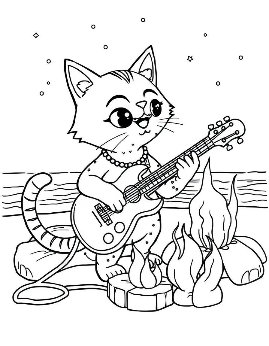 Doja Cat playing guitar at a beach bonfire – a fun and kid-friendly coloring page.