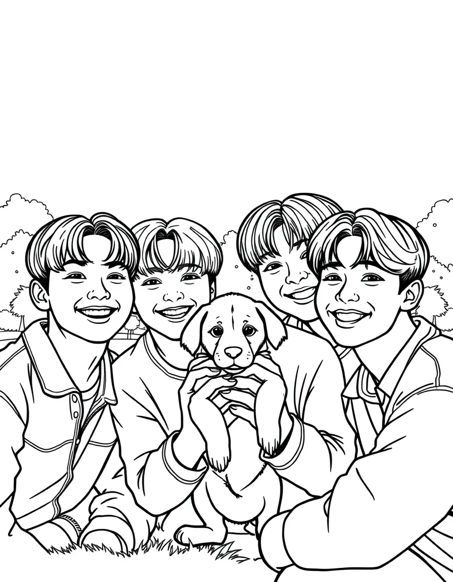 BTS Members smiling and holding a puppy with a park background – a fun and kid-friendly coloring page.