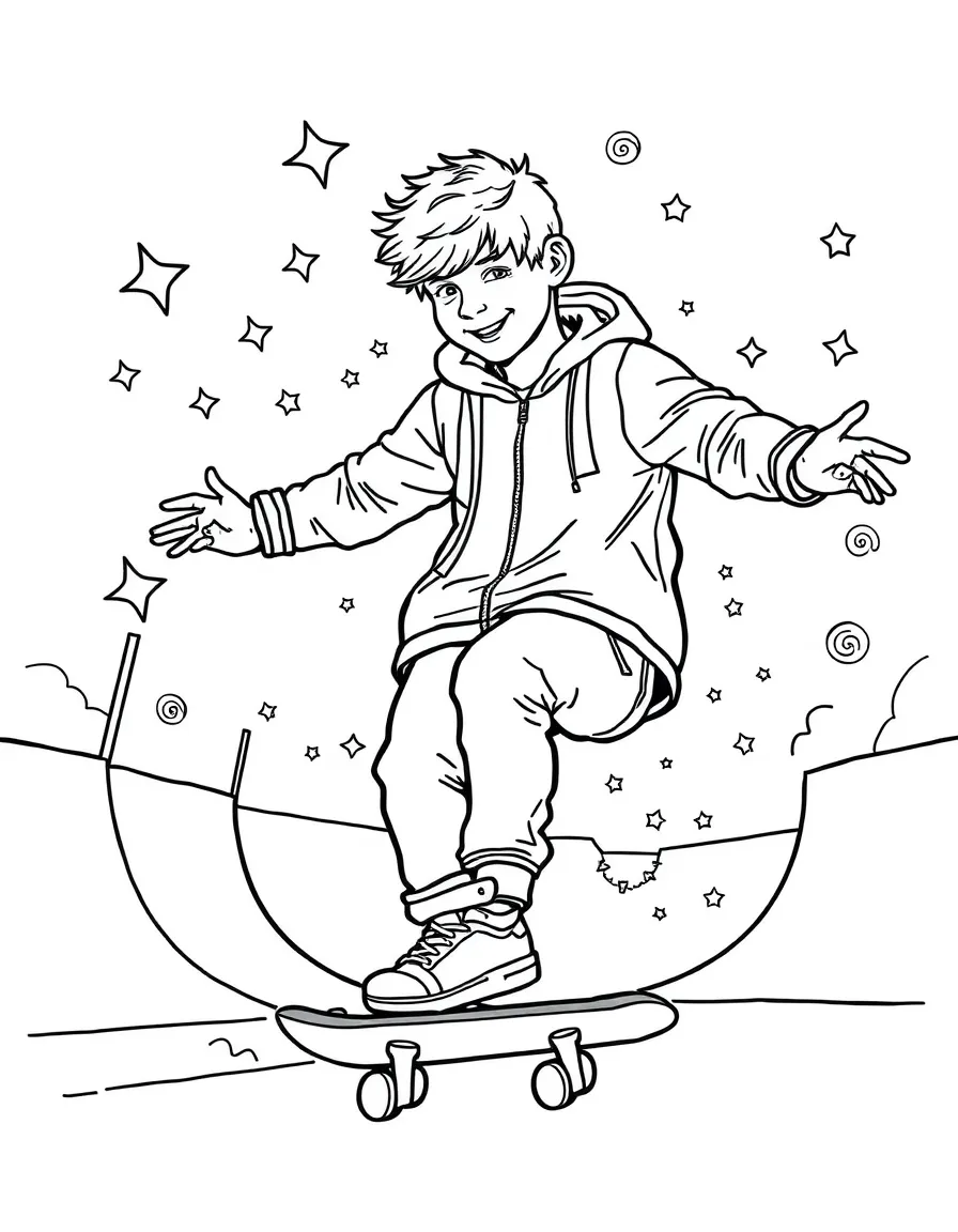 Ed Sheeran skateboarding at a skate park with stars and swirls around – a fun and kid-friendly coloring page.
