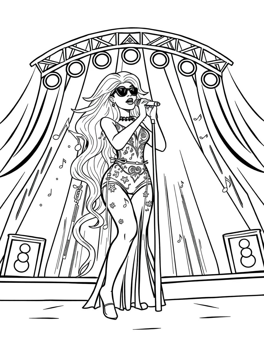 Lady Gaga singing on a big concert stage with musical notes and lights – a fun and kid-friendly coloring page.