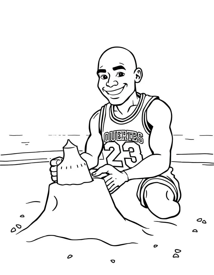 Michael Jordan building a sandcastle at the beach – a fun and kid-friendly coloring page.