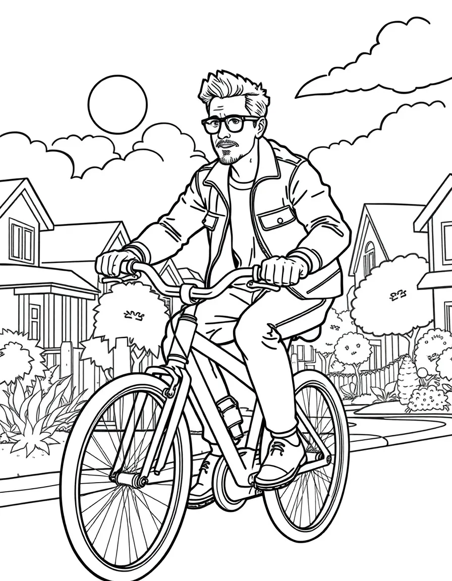 Robert Downey Jr. riding a bicycle through a sunny neighborhood – a fun and kid-friendly coloring page.