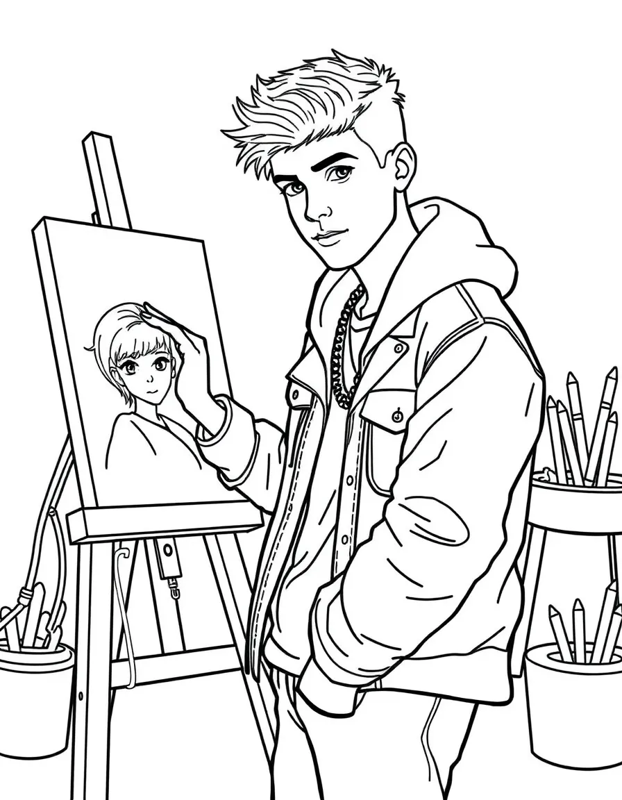 Justin Bieber painting a picture at an art studio – a fun and kid-friendly coloring page.
