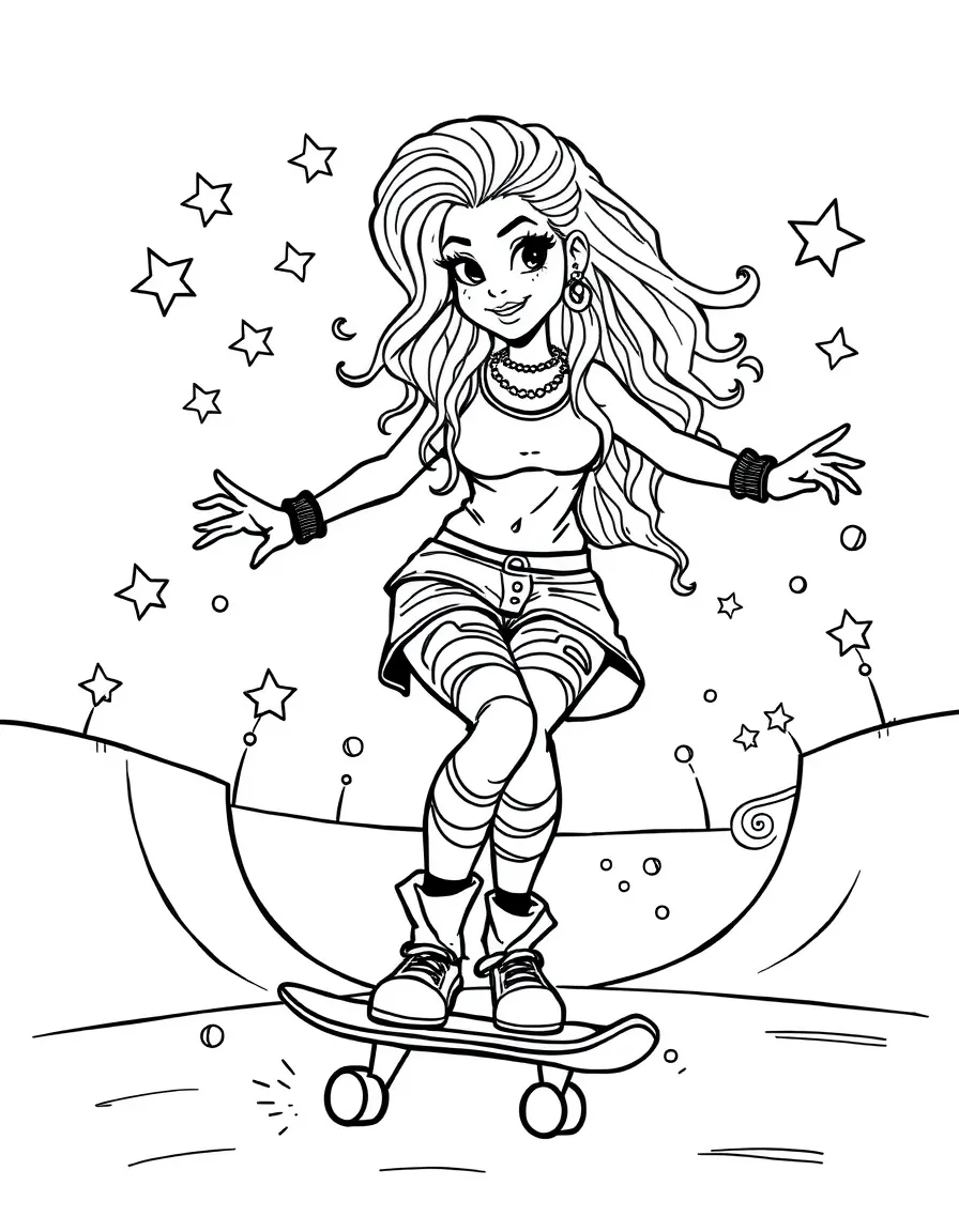 Shakira skateboarding at a skate park with stars and swirls around – a fun and kid-friendly coloring page.