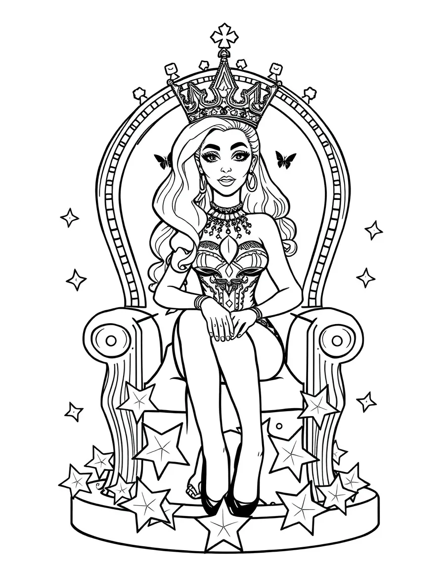 Lady Gaga sitting on a throne made of stars with a crown – a fun and kid-friendly coloring page.