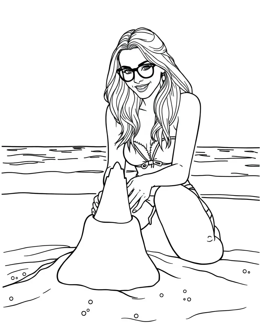 Blake Lively building a sandcastle at the beach – a fun and kid-friendly coloring page.