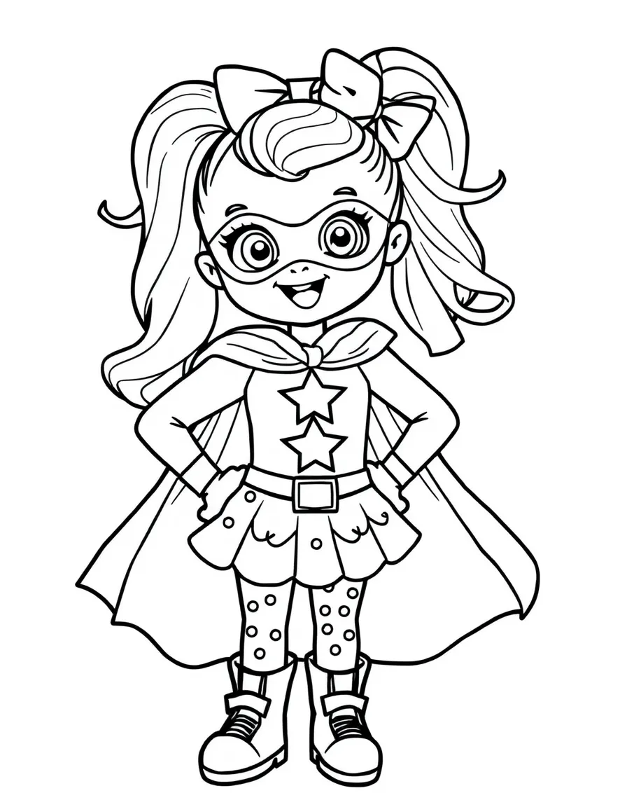 JoJo Siwa dressed as a superhero, ready to save the day – a fun and kid-friendly coloring page.