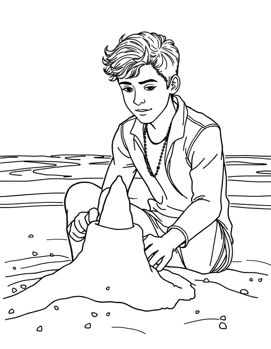 Timothée Chalamet building a sandcastle at the beach – a fun and kid-friendly coloring page.