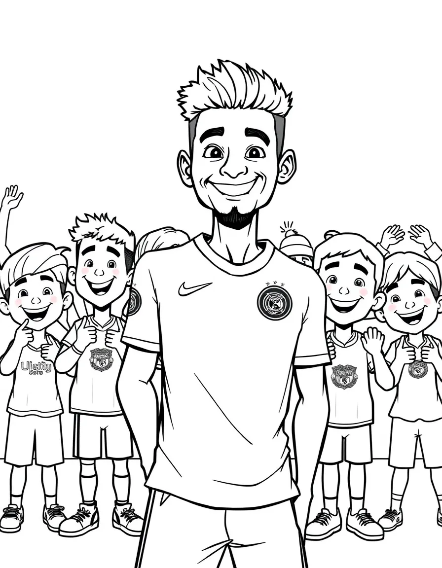Neymar Jr. posing with cartoon versions of their fans – a fun and kid-friendly coloring page.