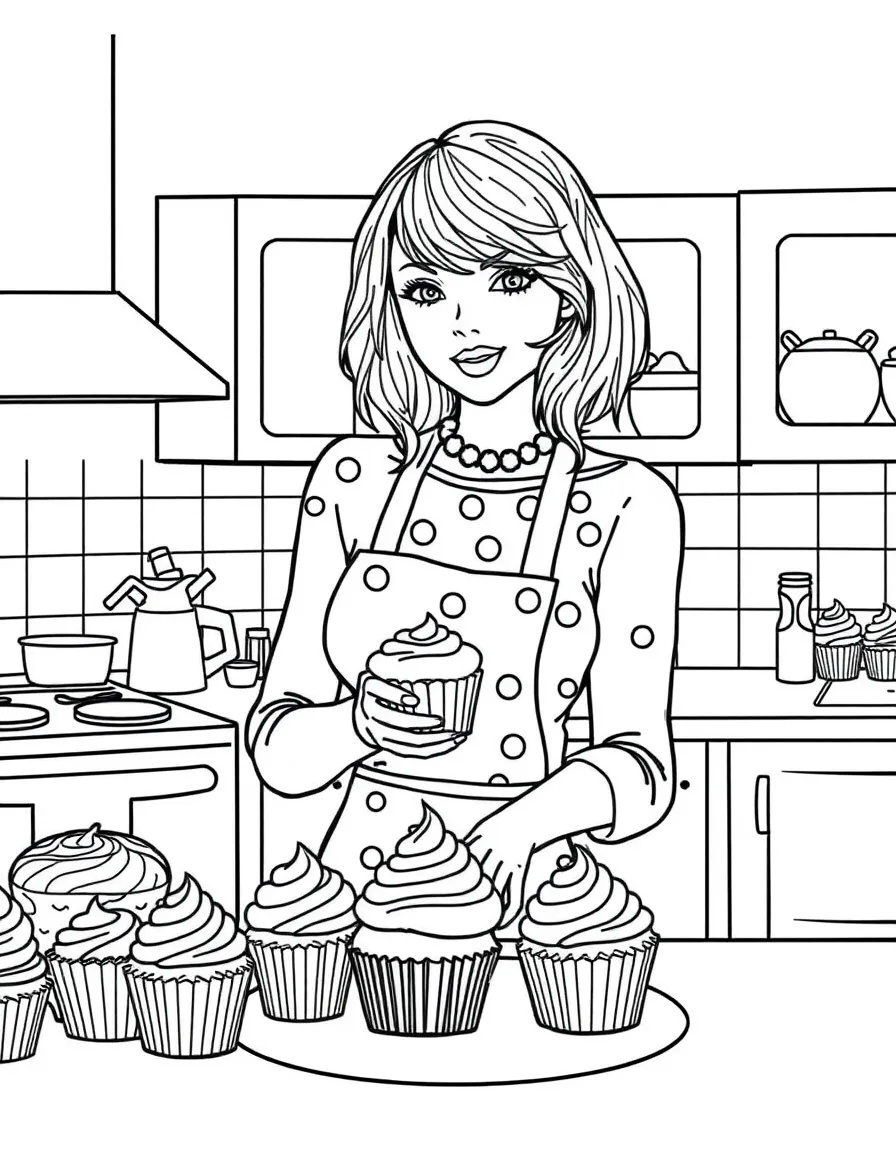 Taylor Swift baking cupcakes in a colorful kitchen – a fun and kid-friendly coloring page.
