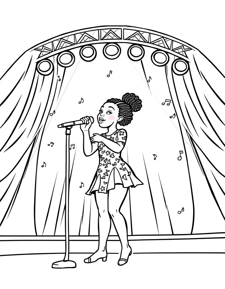 Simone Biles singing on a big concert stage with musical notes and lights – a fun and kid-friendly coloring page.