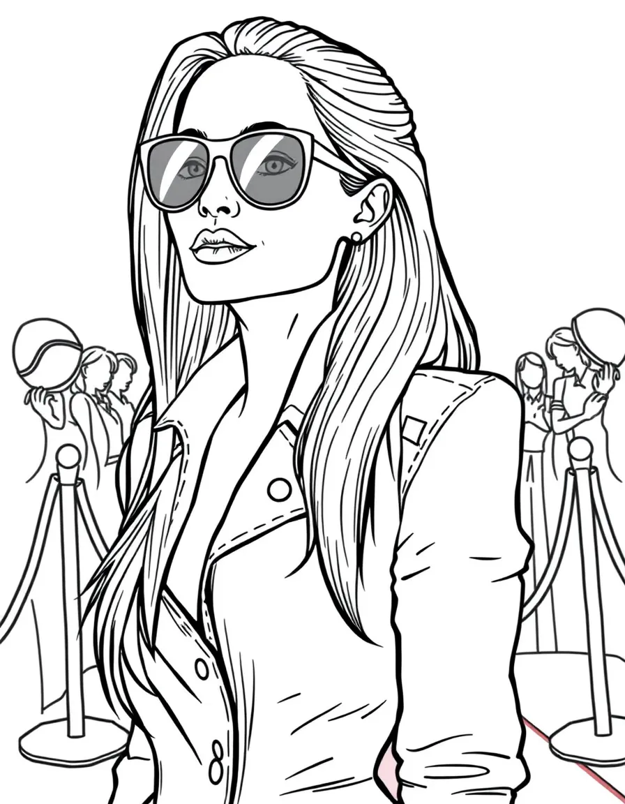 Angelina Jolie posing with sunglasses and a cool outfit on the red carpet – a fun and kid-friendly coloring page.