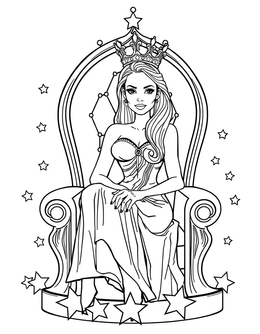 Angelina Jolie sitting on a throne made of stars with a crown – a fun and kid-friendly coloring page.