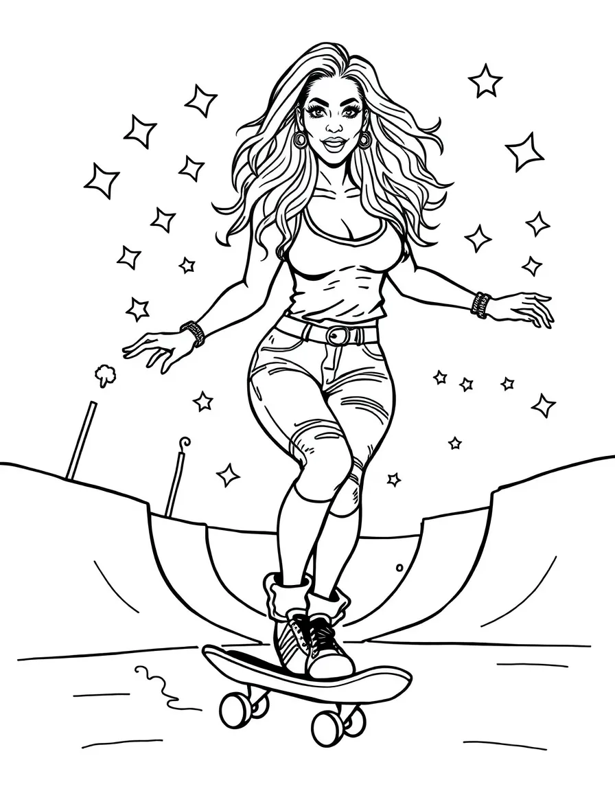 Jennifer Lopez skateboarding at a skate park with stars and swirls around – a fun and kid-friendly coloring page.