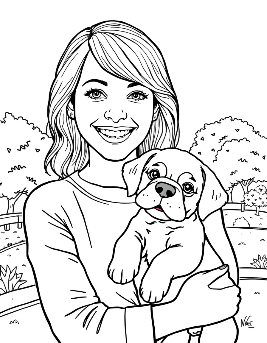 Emma Stone smiling and holding a puppy with a park background – a fun and kid-friendly coloring page.