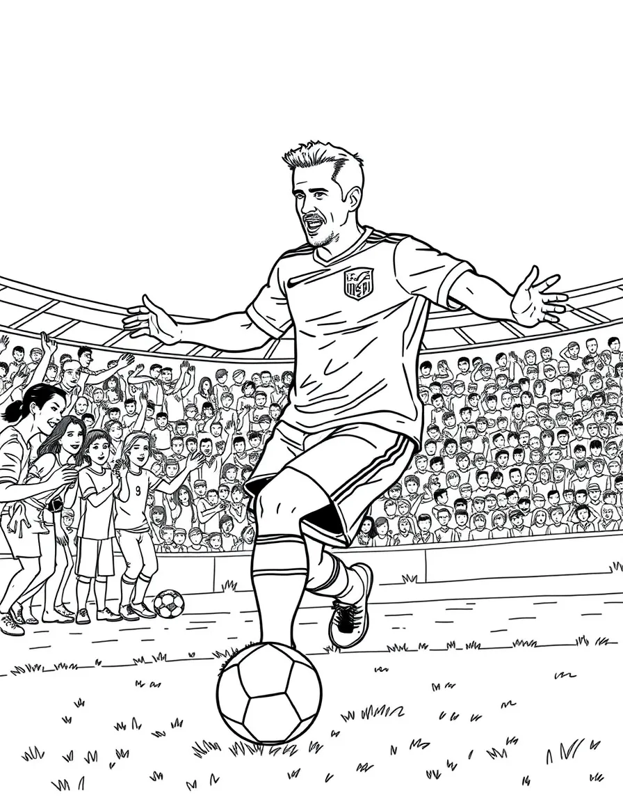 Ryan Reynolds playing soccer on a field with cheering fans in the stands – a fun and kid-friendly coloring page.