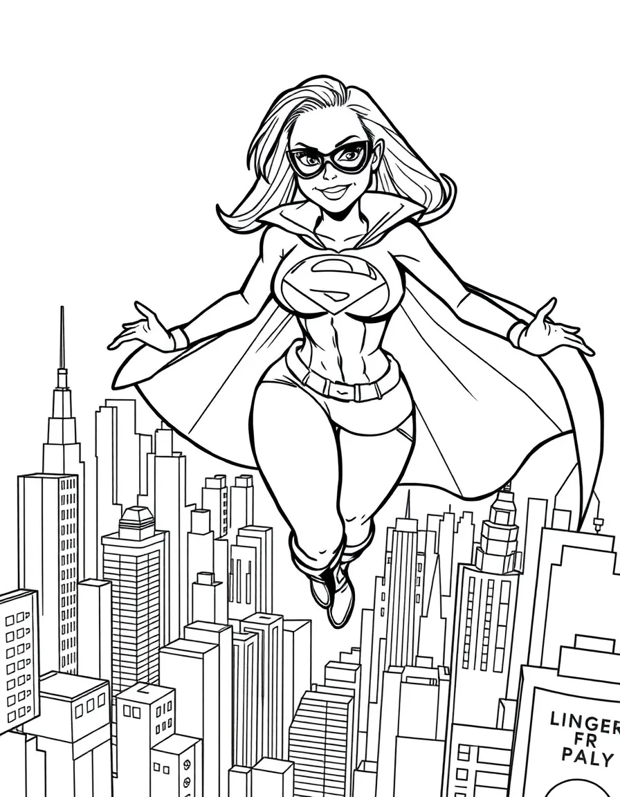 Angelina Jolie wearing a superhero cape and flying over a cityscape – a fun and kid-friendly coloring page.