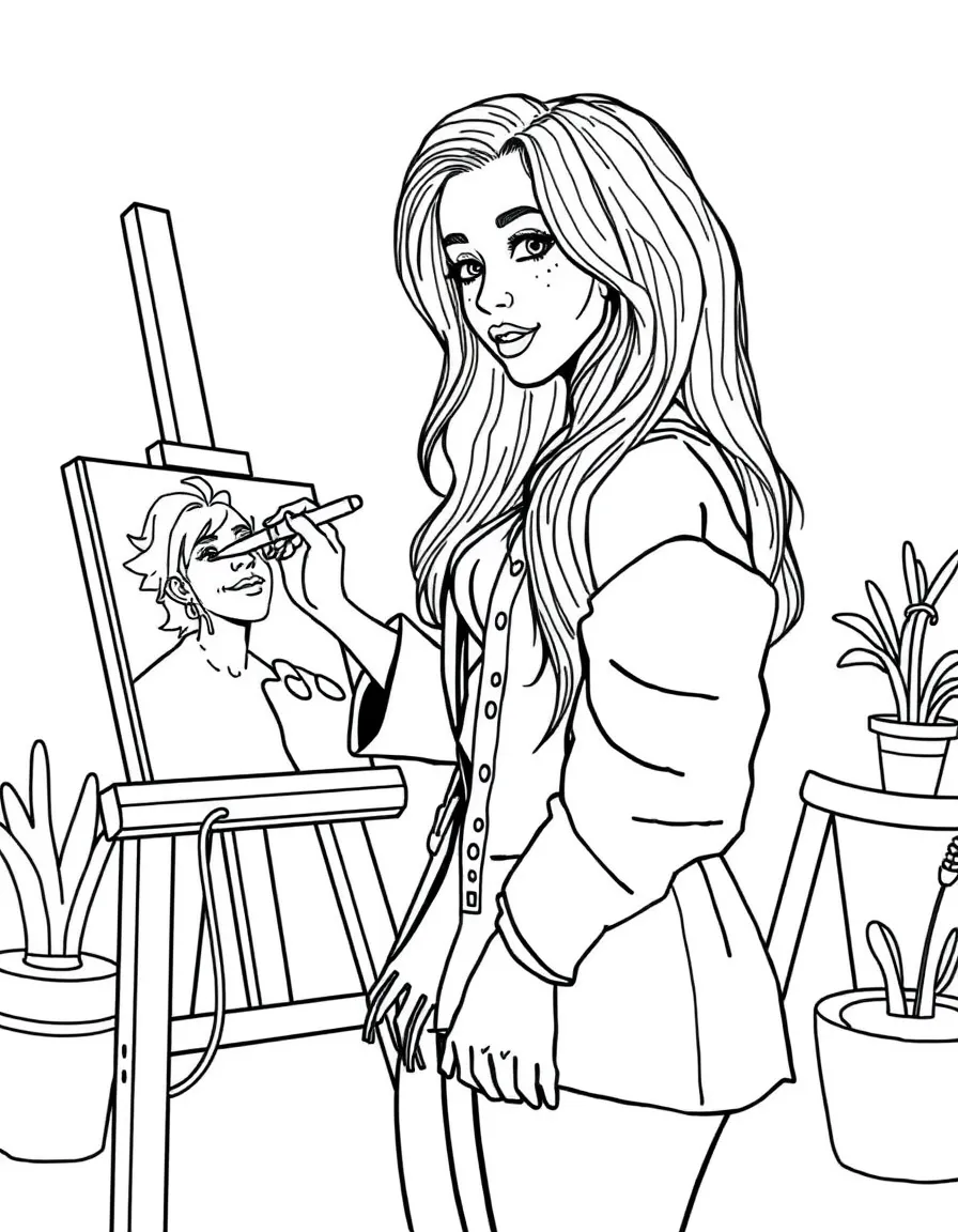 Camila Cabello painting a picture at an art studio – a fun and kid-friendly coloring page.