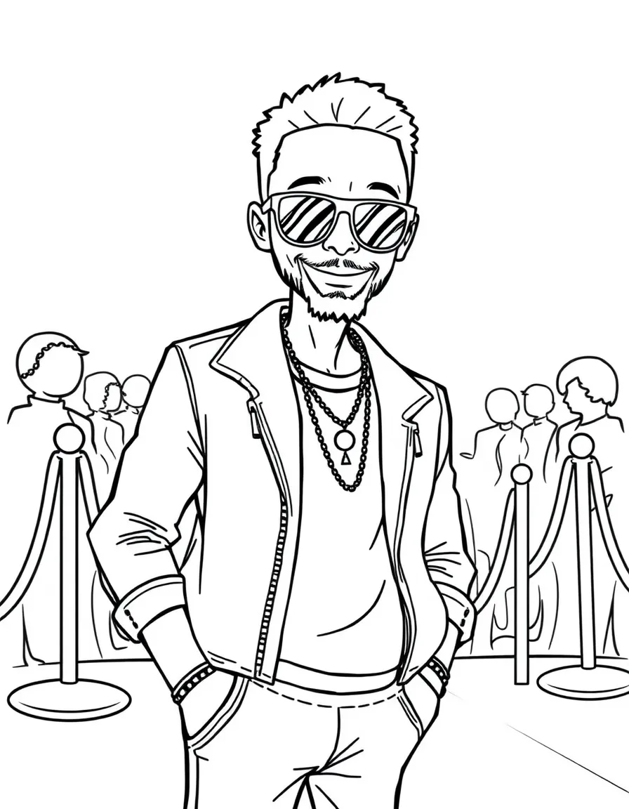 Stephen Curry posing with sunglasses and a cool outfit on the red carpet – a fun and kid-friendly coloring page.