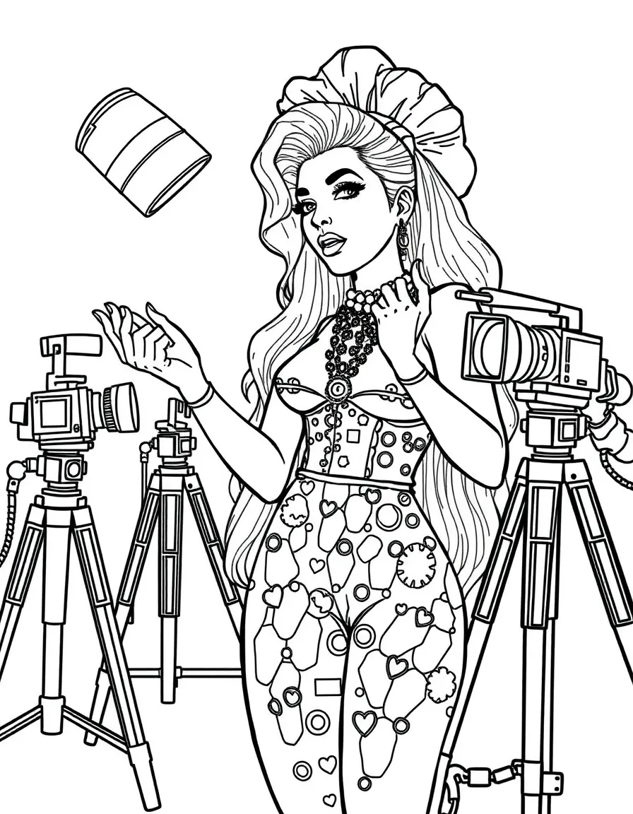 Lady Gaga acting in a scene on a movie set with cameras – a fun and kid-friendly coloring page.