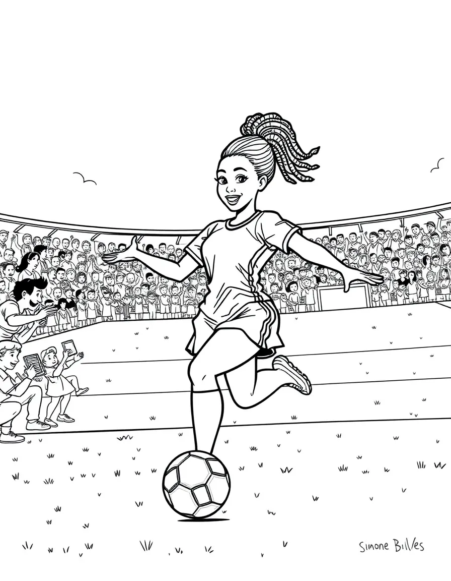 Simone Biles playing soccer on a field with cheering fans in the stands – a fun and kid-friendly coloring page.