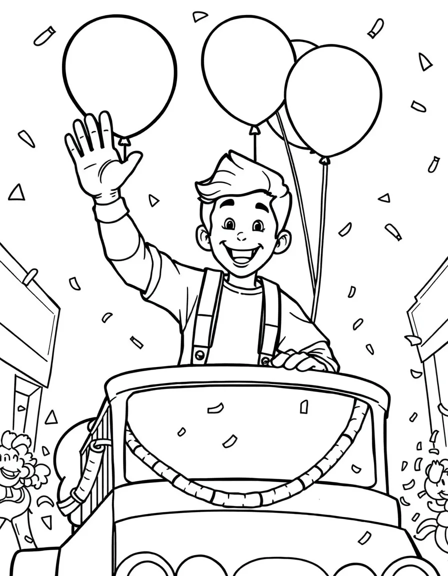 Tom Holland waving from a parade float with balloons and confetti – a fun and kid-friendly coloring page.