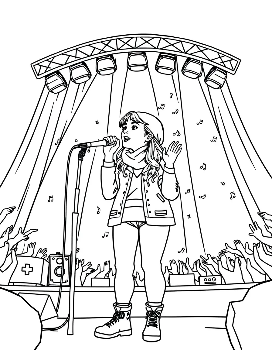 Greta Thunberg singing on a big concert stage with musical notes and lights – a fun and kid-friendly coloring page.