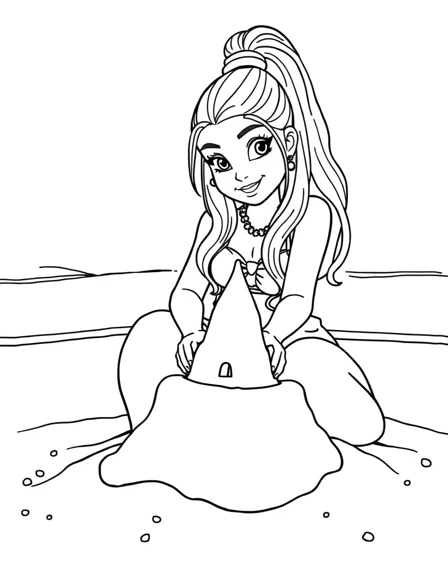 Ariana Grande building a sandcastle at the beach – a fun and kid-friendly coloring page.