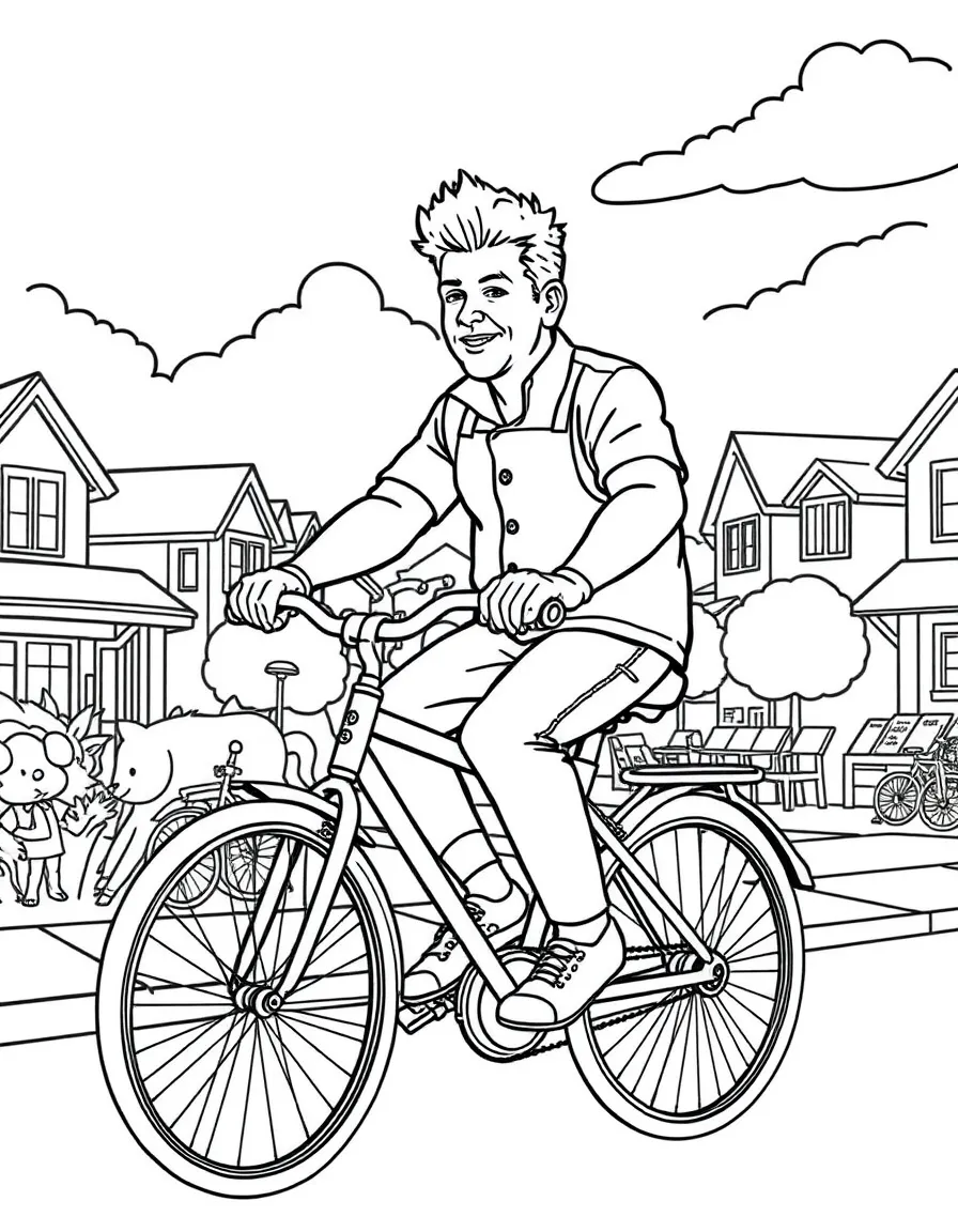 Gordon Ramsay riding a bicycle through a sunny neighborhood – a fun and kid-friendly coloring page.