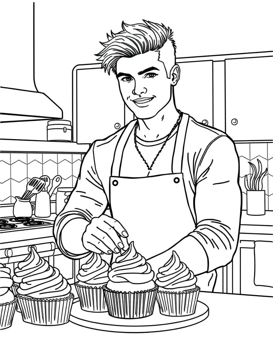 Taylor Lautner baking cupcakes in a colorful kitchen – a fun and kid-friendly coloring page.