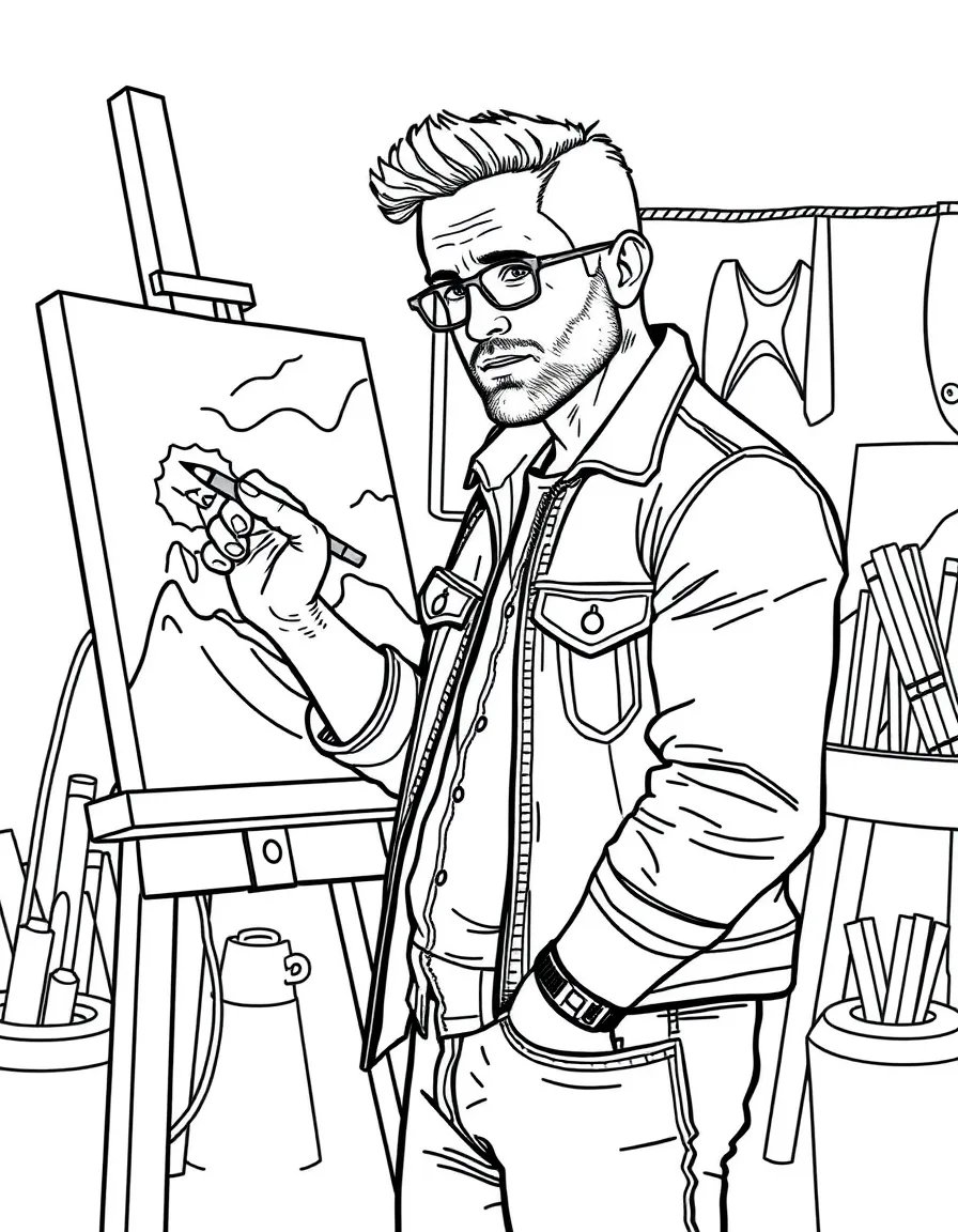 Ryan Reynolds painting a picture at an art studio – a fun and kid-friendly coloring page.
