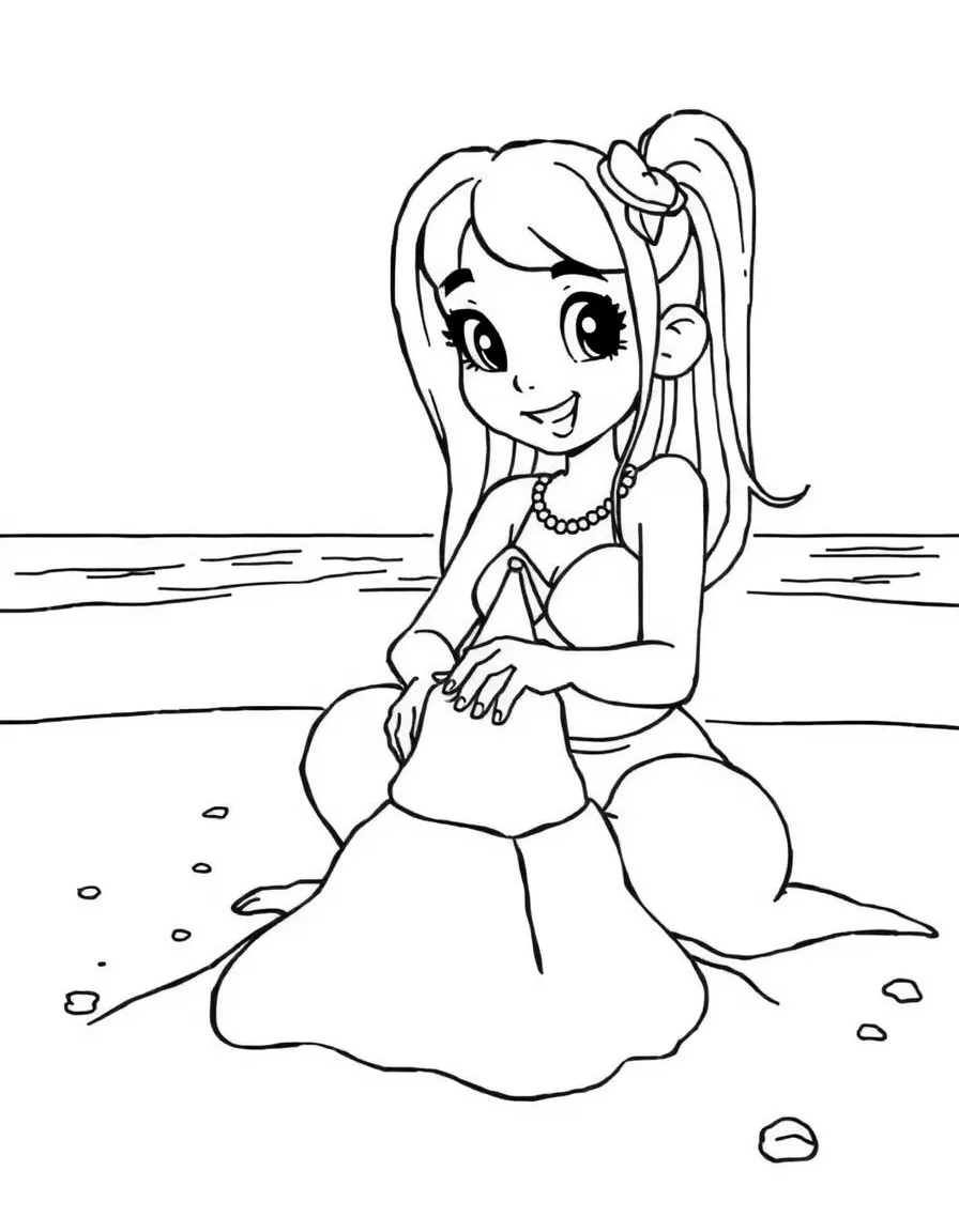 Dua Lipa building a sandcastle at the beach – a fun and kid-friendly coloring page.