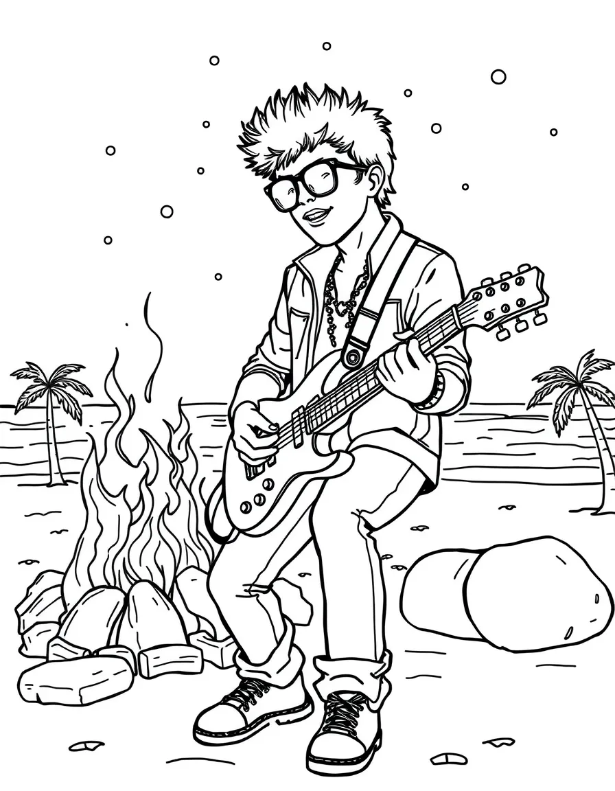 Bruno Mars playing guitar at a beach bonfire – a fun and kid-friendly coloring page.