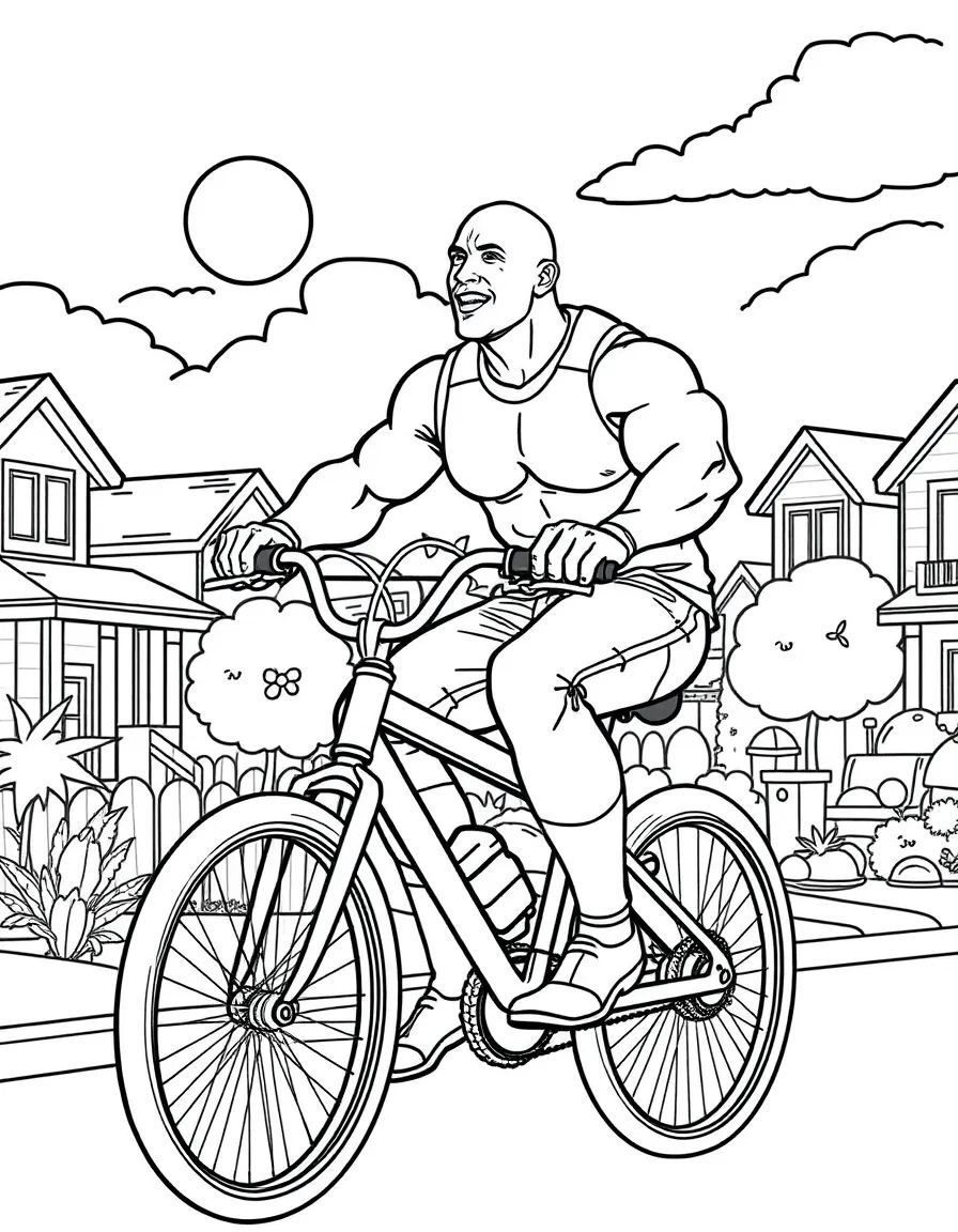 Dwayne Johnson riding a bicycle through a sunny neighborhood – a fun and kid-friendly coloring page.