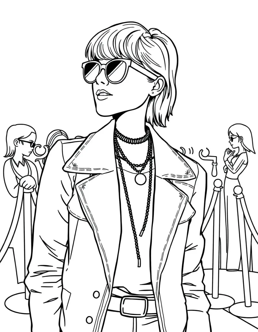 Emma Stone posing with sunglasses and a cool outfit on the red carpet – a fun and kid-friendly coloring page.