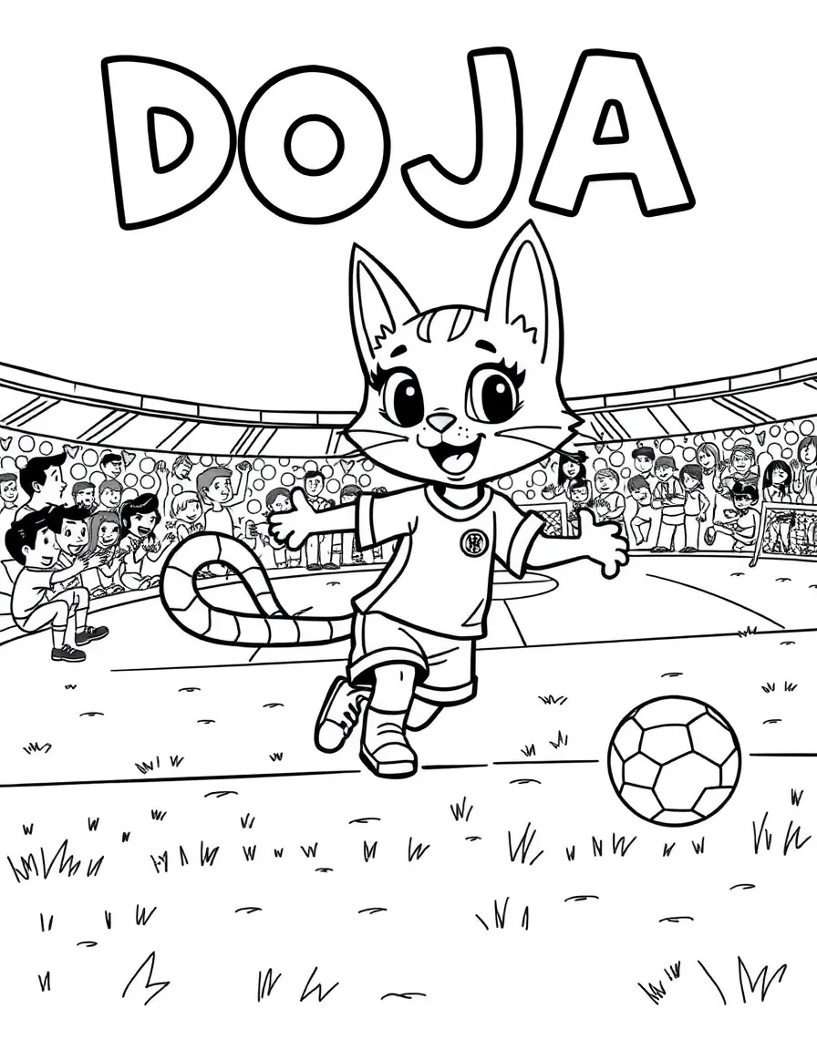 Doja Cat playing soccer on a field with cheering fans in the stands – a fun and kid-friendly coloring page.