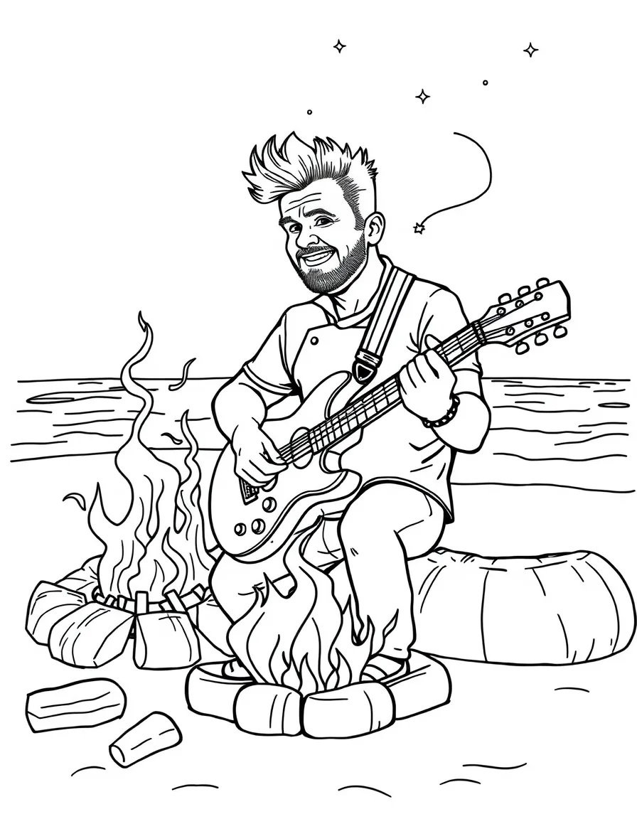 Gordon Ramsay playing guitar at a beach bonfire – a fun and kid-friendly coloring page.