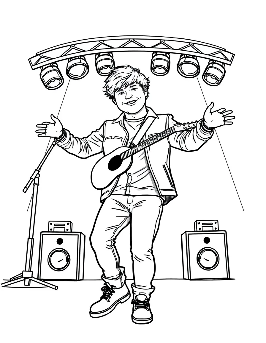 Ed Sheeran dancing on a stage with spotlights and fun outfits – a fun and kid-friendly coloring page.