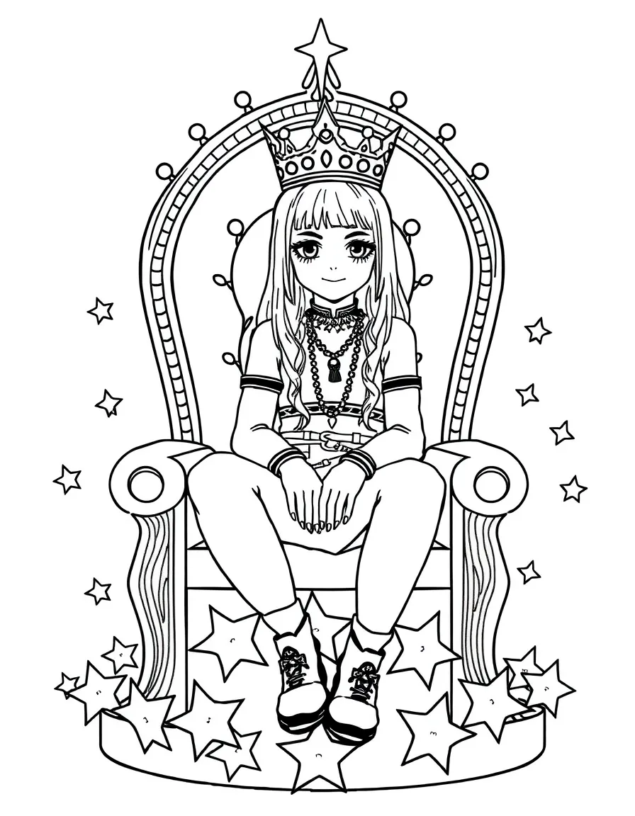 Billie Eilish sitting on a throne made of stars with a crown – a fun and kid-friendly coloring page.