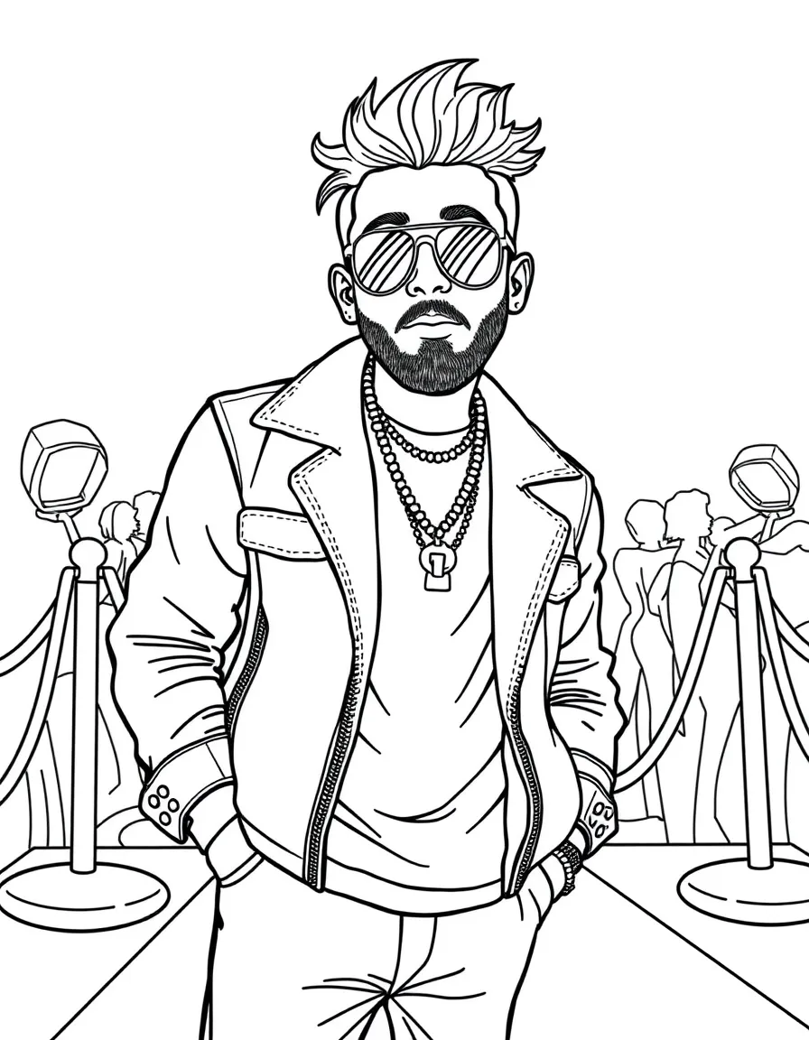 Post Malone posing with sunglasses and a cool outfit on the red carpet – a fun and kid-friendly coloring page.